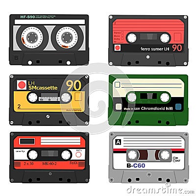 Set of retro audio cassettes. Tape and audio, music and sound, media and record Vector Illustration