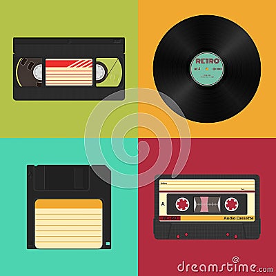 Set of retro audio, video and data storage. Audio, video cassettes, vinyl record and floppy diskette. Vector Illustration