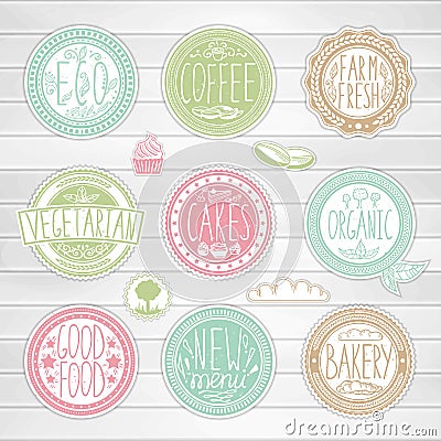 Set of retro badges. Vintage food labels. Hand-drawn lettering. Vector Illustration