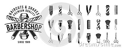 Set of 15 Retro Barbershop elements. Vector Illustration