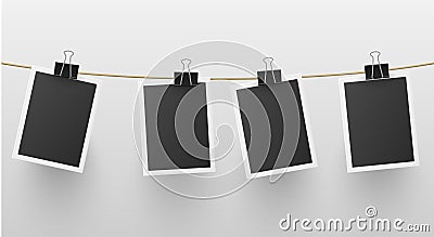 Set of retro blank photo frames hanged on rope attached with paper clip vector retro memory snapshot Vector Illustration