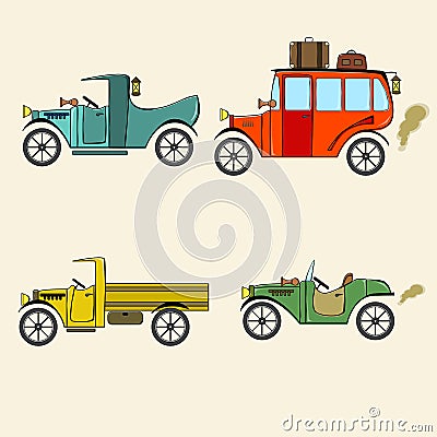 Set of retro car, bus, pickup and truck in comics cartoon style on beige background. Collection with vintage cars Vector Illustration