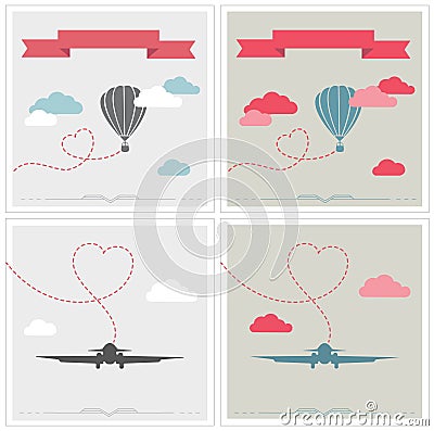 Set of retro cards with aerostat and plane flying Vector Illustration