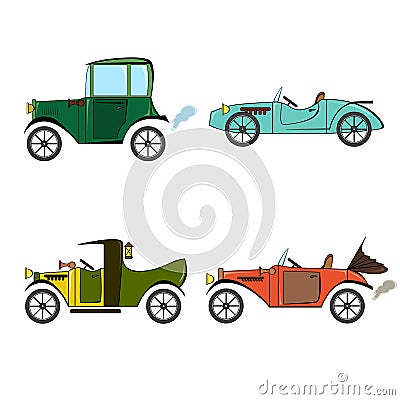 Set of retro cars, pickup and sports car in cartoon style on white background. Collection with vintage car, pickup and sports car Vector Illustration