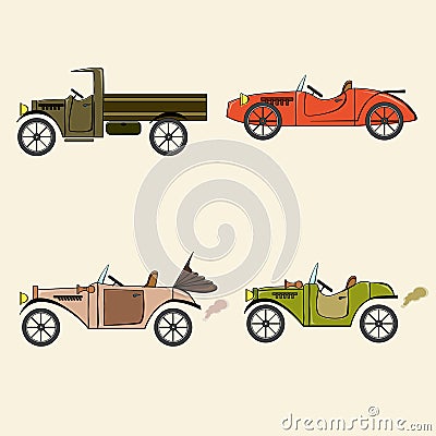 Set of retro cars, truck and sports car in comics cartoon style on beige background. Collection with vintage cars Vector Illustration