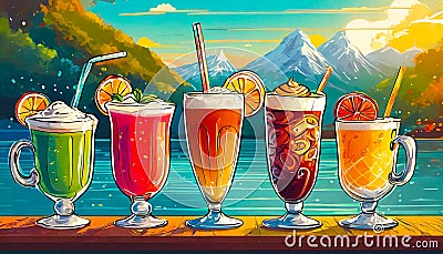Set of retro cartoon funny characters. Martini coctail, coffee cup, cappuccino, latte, fresh Stock Photo