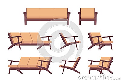 Set of retro cream sofa and armchair Vector Illustration
