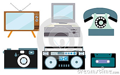 A set of retro electronics, technology. Old, vintage, retro, hipster, antique kinescope TV, computer with floppy, disk phone, came Vector Illustration