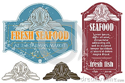 Set of retro fish market labels Vector Illustration