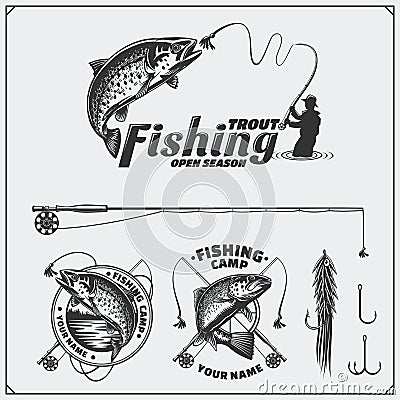 Set of retro fishing labels, badges, emblems and design elements. Vintage style design. Vector Illustration