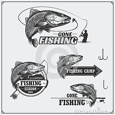 Set of retro fishing labels, badges, emblems and design elements. Vintage style design. Vector Illustration