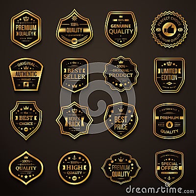 Set of Retro Gold and Black Premium Quality Badges Vector Illustration