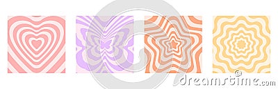 Set of retro groovy aesthetic background. Repeating heart, butterflies, star background in retro 70s. Groovy psychedelic pattern Vector Illustration