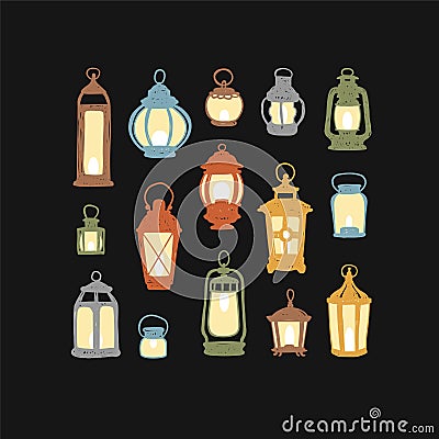 Set of 15 retro lanterns Vector Illustration