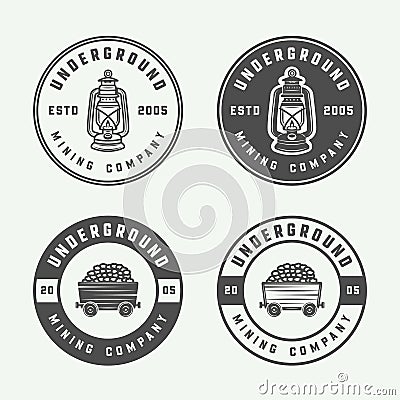 Set of retro mining or construction logo badges and labels Vector Illustration