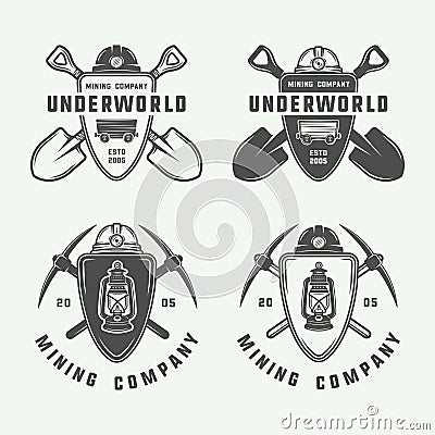 Set of retro mining or construction logo badges and labels Vector Illustration