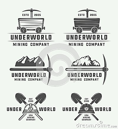 Set of retro mining or construction logo badges and labels Vector Illustration