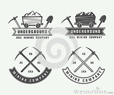 Set of retro mining or construction logo badges and labels Vector Illustration