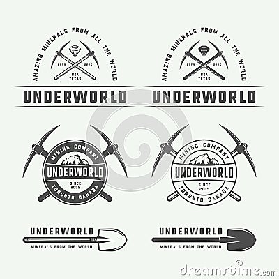 Set of retro mining or construction logo badges and labels Vector Illustration