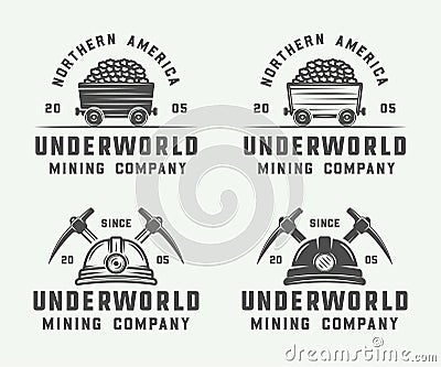 Set of retro mining or construction logos, badges, emblems Vector Illustration