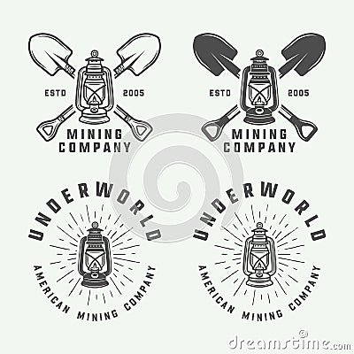 Set of retro mining or construction logos, badges, emblems Vector Illustration