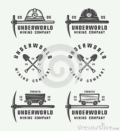 Set of retro mining or construction logos, badges, emblems Vector Illustration