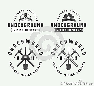 Set of retro mining or construction logos, badges, emblems Vector Illustration