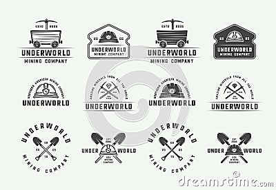 Set of retro mining or construction logos, badges, emblems and labels in vintage style. Vector Illustration