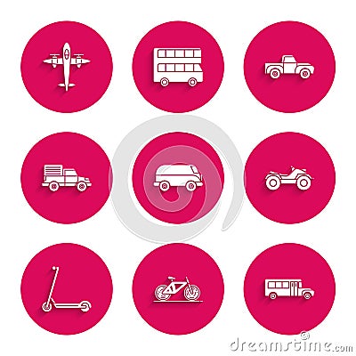 Set Retro minivan, Bicycle, School Bus, All Terrain Vehicle or ATV motorcycle, Scooter, Delivery cargo truck vehicle Vector Illustration