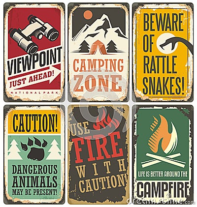 Set of retro outdoor camp signs and poster templates Vector Illustration