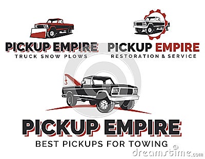 Set of retro pickup trucks logos, emblems and icons. Vector Illustration