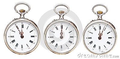 Set of retro pocket watches with midnight time Stock Photo