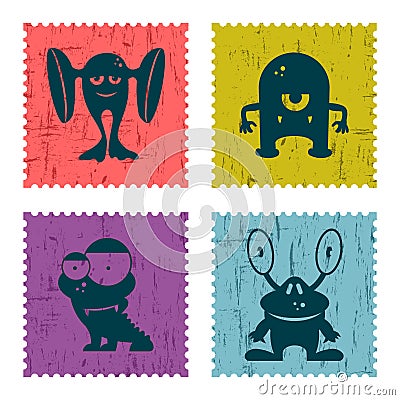 Set of retro postage stamp with funny monsters. Cartoon illustration Vector Illustration
