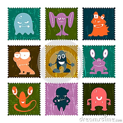 Set of retro postage stamp funny monsters. Vector set. Vector Illustration