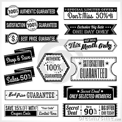 Set of retro promotion discount sale and guarantee tag banner label badge sticker ribbon in black and white Vector Illustration