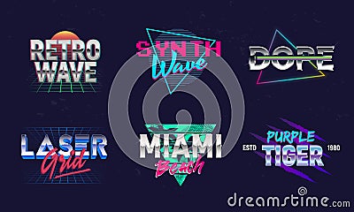 Set of Retro 80s logos. Retrowave, Synthwave logo. Vector Illustration