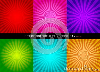 Set of retro shiny colorful starburst background. Collection of abstract sunburst radial red, pink, purple, green, blue, orange Vector Illustration