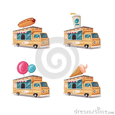 Set of retro street food vans. Vintage food and drink truck. Cartoon vector illustration. Vector Illustration