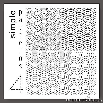 Set of 4 retro style simple scale patterns. Vector seamless black and white design. Consists of outlines. Stock Photo