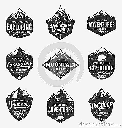 Set of retro styled vector mountain and outdoor adventures logo Vector Illustration