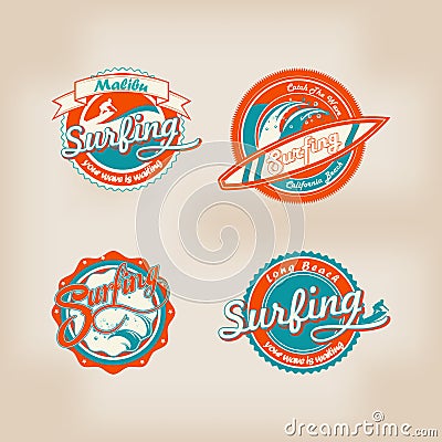 Set of retro surfing logo for t-shirt or poster design Vector Illustration