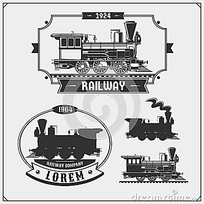 Set of retro trains emblems, labels, badges and design elements. Print design for t-shirts. Vector Illustration