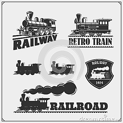 Set of retro trains emblems, labels, badges and design elements. Print design for t-shirts. Vector Illustration