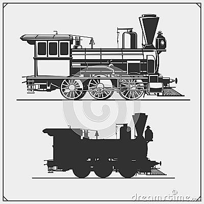 Set of retro trains emblems, labels, badges and design elements. Print design for t-shirts. Vector Illustration