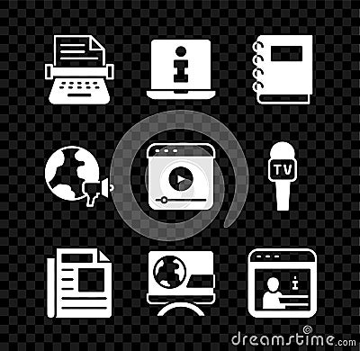 Set Retro typewriter, Information, Notebook, News, Breaking news, World and Live stream icon. Vector Vector Illustration
