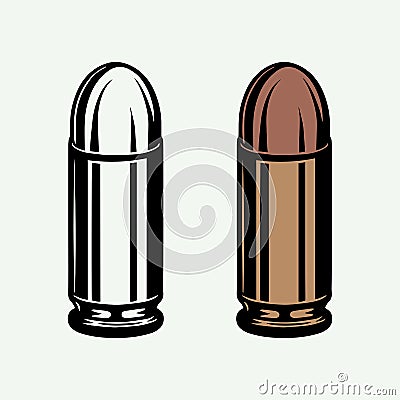 Set of retro vintage bullets in monochrome and color mode. 9mm ammo for pistol gun. Line woodcut style. Vector Illustration