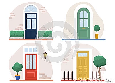 Set of retro vintage front doors. Vector illustration on white isolated background. Vector Illustration