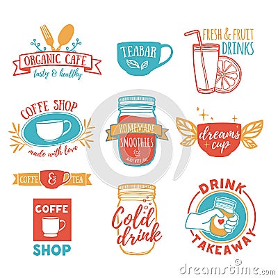 Set retro vintage logos for coffee shop, tea bar. Logo with juice, smoothies Vector Illustration