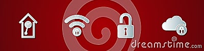 Set Retro wall watch, Wifi locked, Open padlock and Cloud computing icon. Vector Vector Illustration
