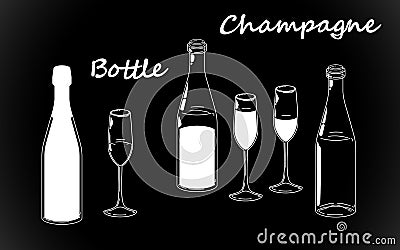 Set retro white bottle, line drawing glasses and champagne silhouettes, old fashioned vintage hand drawing on black background. Vector Illustration